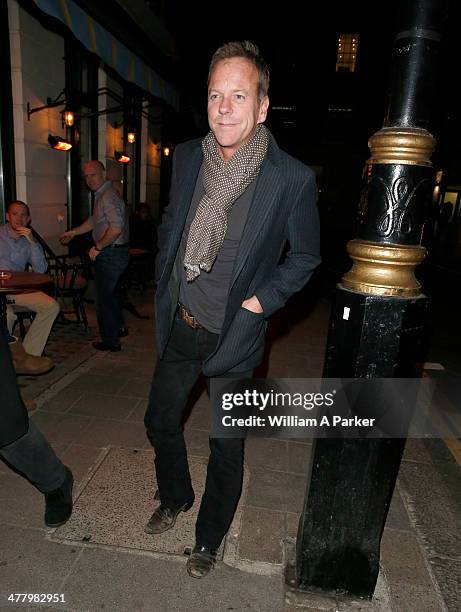 Kiefer Sutherland seen leaving Little House Restaurant on March 11, 2014 in London, England.