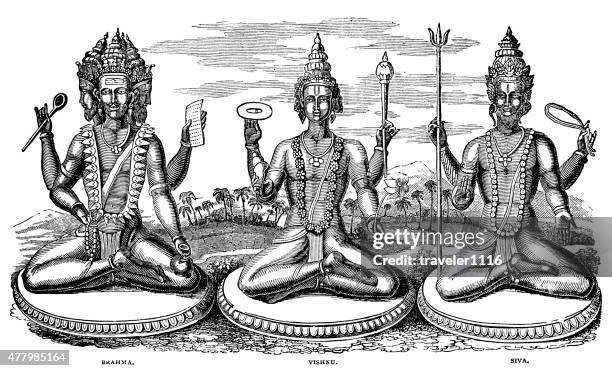 hindu gods brahma vishnu and siva - brama stock illustrations