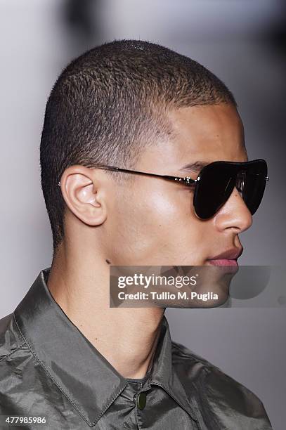 Model walks the runway during the Calvin Klein Collection fashion show as part of Milan Men's Fashion Week Spring/Summer 2016 on June 21, 2015 in...