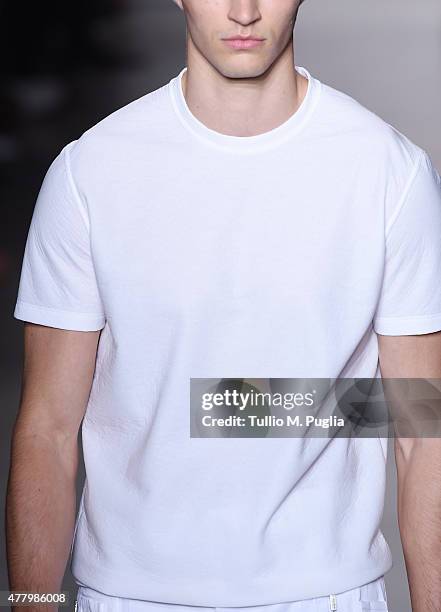 Model walks the runway 'detail' during the Calvin Klein Collection fashion show as part of Milan Men's Fashion Week Spring/Summer 2016 on June 21,...