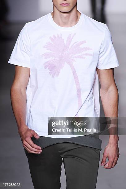 Model walks the runway 'detail' during the Calvin Klein Collection fashion show as part of Milan Men's Fashion Week Spring/Summer 2016 on June 21,...