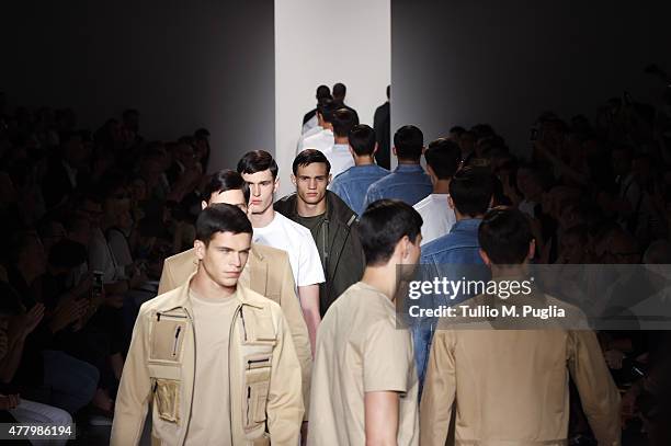 Models walk the runway during the Calvin Klein Collection fashion show as part of Milan Men's Fashion Week Spring/Summer 2016 on June 21, 2015 in...