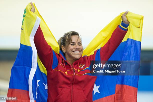 Daniela Larreal of Venezuela reacts after winning the gold medal in women's sprint as part of day five of the X South American Games Santiago 2014 at...
