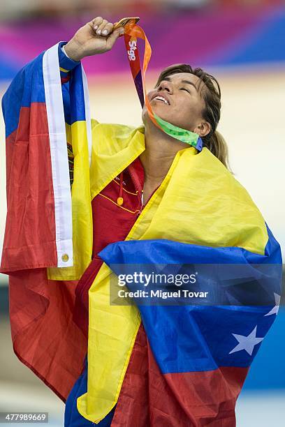 Daniela Larreal of Venezuela reacts after winning the gold medal in women's sprint as part of day five of the X South American Games Santiago 2014 at...