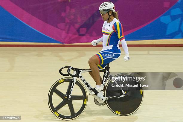 Daniela Larreal of Venezuela reacts after winning the gold medal in women's sprint as part of day five of the X South American Games Santiago 2014 at...