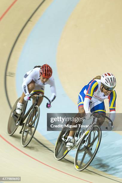 Daniela Larreal of Venezuela, right, competes with Juliana Gaviria of Colombia during the women's sprint final event as part of day five of the X...