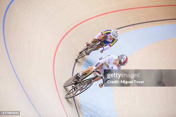 Maria Garcia of Colombia, left, competes with Marynes Prada of Venezuela during the women's sprint final event as part of day five of the X South...