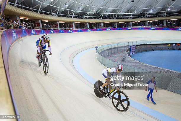 Maria Garcia of Colombia, left, competes with Marynes Prada of Venezuela during the women's sprint final event as part of day five of the X South...