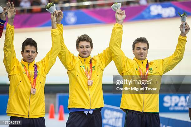 Athletes of Brazil celebrates after winning the bronze medal in men's team sprint final event as part of day five of the X South American Games...
