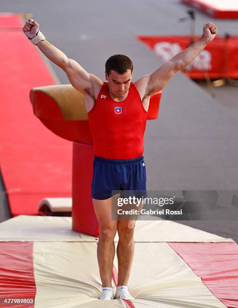 Juan Pablo Gonzalez of Chile competes in the Men's Vault during day five of the X South American Games Santiago 2014 at Gimnasio Polideportivo...