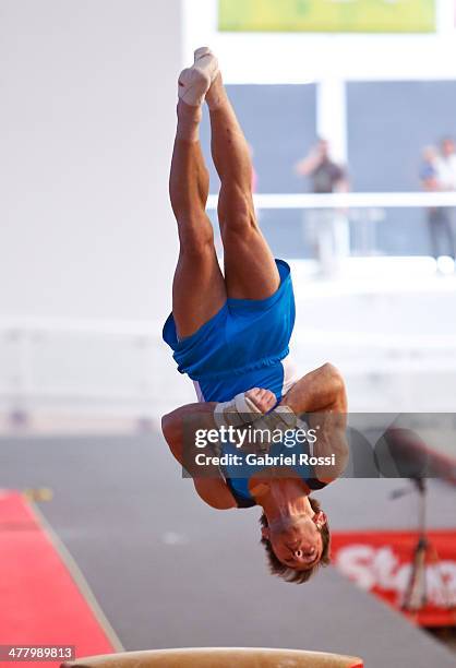 Tomas Gonzalez of Chile competes in the Men's Vault during day five of the X South American Games Santiago 2014 at Gimnasio Polideportivo Estadio...