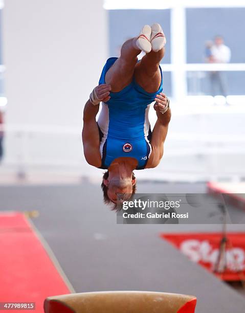 Tomas Gonzalez of Chile competes in the Men's Vault during day five of the X South American Games Santiago 2014 at Gimnasio Polideportivo Estadio...