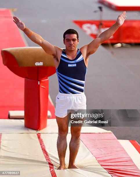 Mauro Martinez of Argentina competes in the Men's Vault during day five of the X South American Games Santiago 2014 at Gimnasio Polideportivo Estadio...