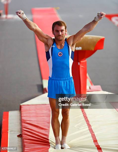 Tomas Gonzalez of Chile competes in the Men's Vault during day five of the X South American Games Santiago 2014 at Gimnasio Polideportivo Estadio...