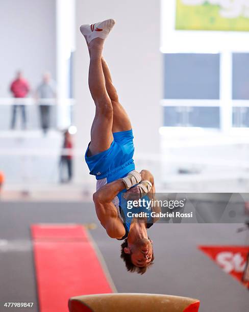 Tomas Gonzalez of Chile competes in the Men's Vault during day five of the X South American Games Santiago 2014 at Gimnasio Polideportivo Estadio...