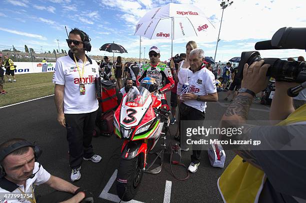 Max Biaggi of Italy and APRILIA RACING TEAM - RED DEVILS prepares to start on the grid during the WSBK Race 1 during the FIM Superbike World...
