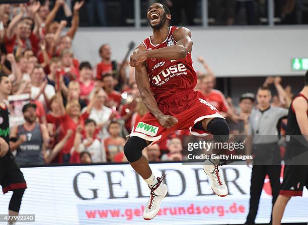 Trevor Mbakwe of Brose Baskets Bamberg celebrates during Game Five of the 2015 BBL Finals at Brose Arena on June 21, 2015 in Bamberg, Germany.