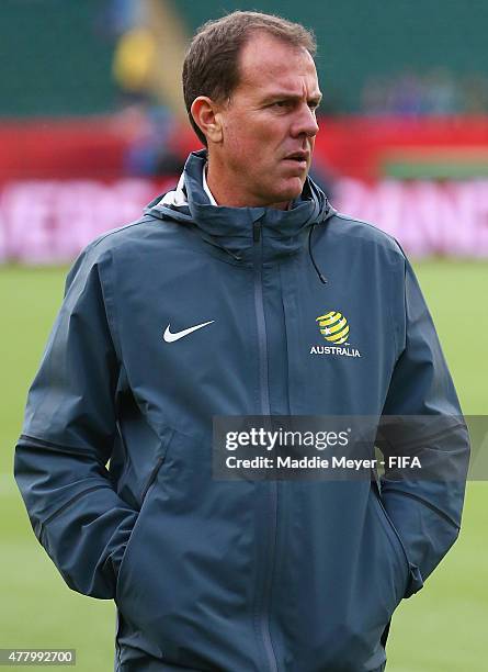 Alen Stajcic coach of Australia looks on during the Women's World Cup 2015 Group D match at Commonwealth Stadium on June 16, 2015 in Edmonton,...