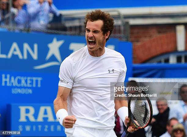 Andy Murray of Great Britain celebrates victory in his men's singles final match against Kevin Anderson of South Africa during day seven of the Aegon...