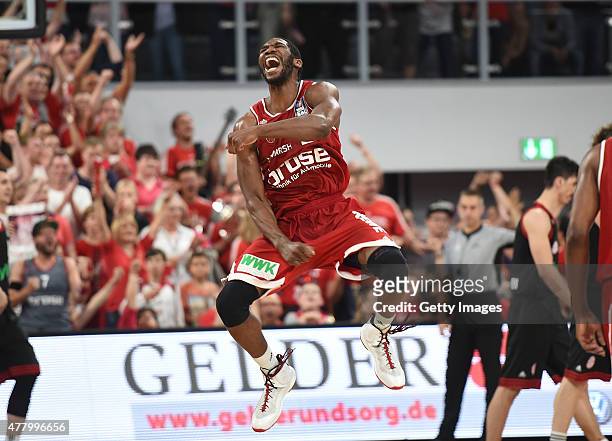 Trevor Mbakwe of Brose Baskets Bamberg celebrates during Game Five of the 2015 BBL Finals at Brose Arena on June 21, 2015 in Bamberg, Germany.
