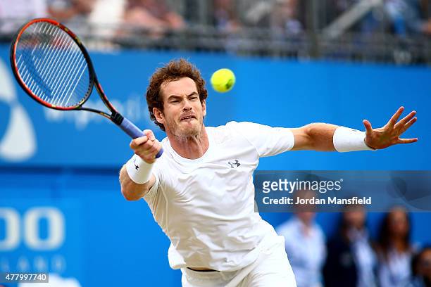 Andy Murray of Great Britain dives for a forehand in his men's singles final match against Kevin Anderson of South Africa during day seven of the...