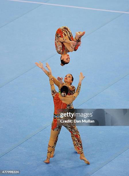 Belgium compete in the Women's Acrobatic Gymnastics Group Dynamic Final on day nine of the Baku 2015 European Games at the National Gymnastics Arena...
