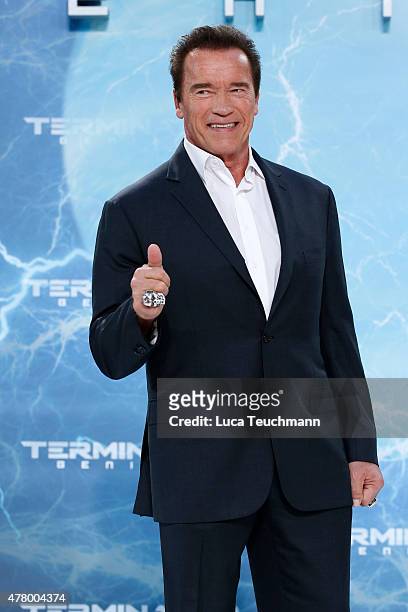 Actor Arnold Schwarzenegger arrives at the European Premiere of 'Terminator: Genisys' at the CineStar Sony Center on June 21, 2015 in Berlin, Germany.