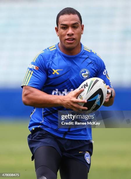 Will Hopoate in action during a Parramatta Eels NRL training session at Pirtek Stadium on March 12, 2014 in Sydney, Australia.