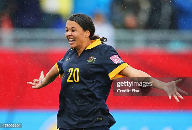 Samantha Kerr of Australia celebrates victory after the FIFA Women's World Cup 2015 round of 16 match between Brazil and Australia at Moncton Stadium...