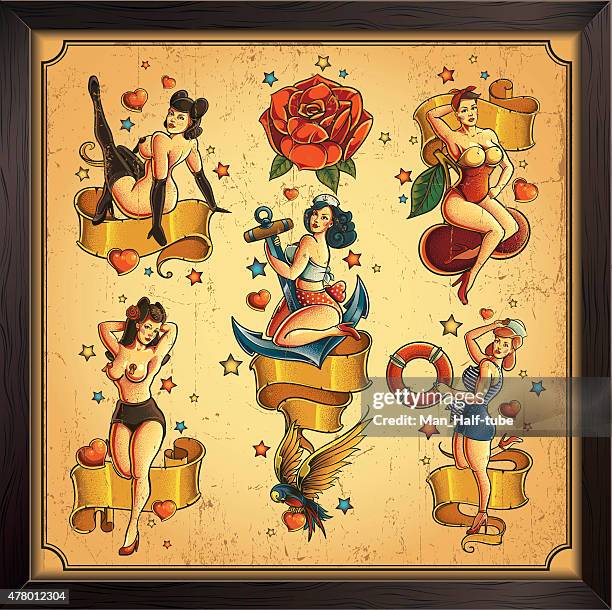 pin-up-mädchen - pin up girl tattoo stock-grafiken, -clipart, -cartoons und -symbole