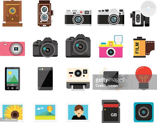set of 20 flat camera and photography icons (kalaful series) - digital camera stock illustrations