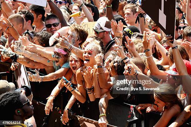 Guests enjoy the Steve Aoki performance during day 4 of the Firefly Music Festival after a cancelled set due to inclement weather the day before on...