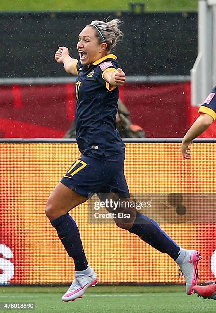 Kyah Simon of Australia celebrates her goal in the second half against Brazil during the FIFA Women's World Cup 2015 round of 16 match between Brazil...