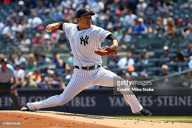 Masahiro Tanaka of the New York Yankees pitches in the first inning against the Detroit Tigers at Yankee Stadium on June 21, 2015 in the Bronx...