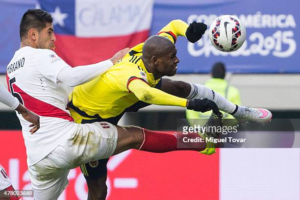 Carlos Zambrano of Peru fights for the ball with Pablo Armero of Colombia during the 2015 Copa America Chile Group C match between Colombia and Peru...