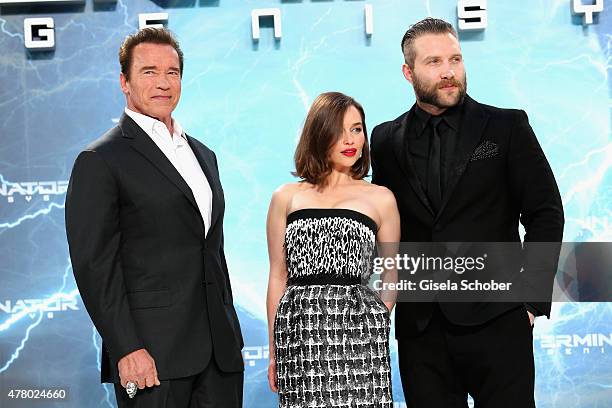Actors Arnold Schwarzenegger, Emilia Clarke and Jai Courtney attend the European Premiere of 'Terminator Genisys' at the CineStar Sony Center on June...