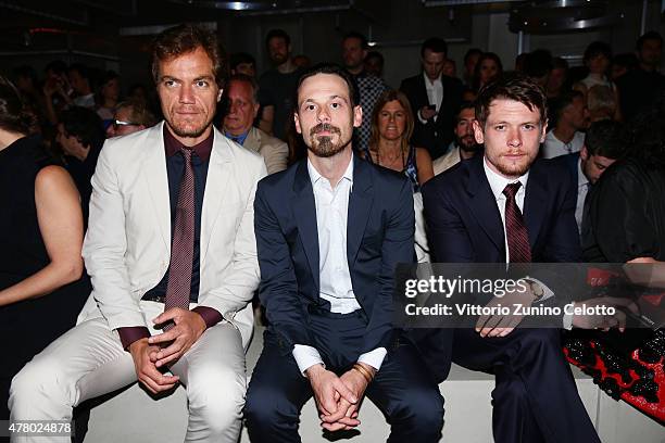 Michael Shannon, Scoot McNairy and Jack O'Connell attend the Prada show during the Milan Men's Fashion Week Spring/Summer 2016 on June 21, 2015 in...