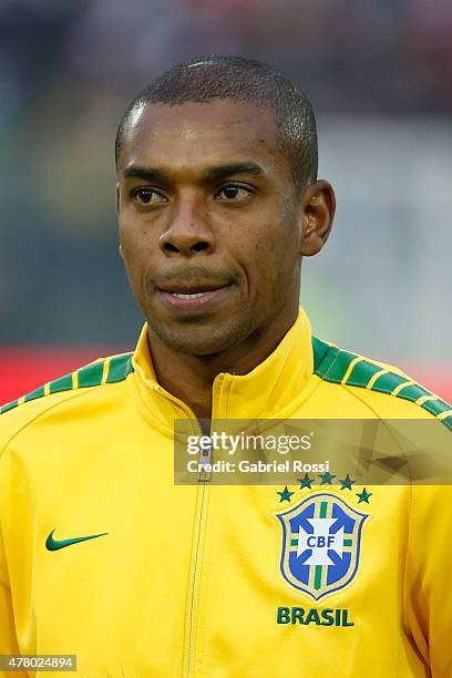 Robinho of Brazil looks on during the national anthem ceremony prior the 2015 Copa America Chile Group C match between Brazil and Venezuela at...