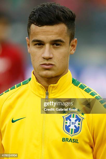 Philippe Coutinho of Brazil looks on during the national anthem ceremony prior the 2015 Copa America Chile Group C match between Brazil and Venezuela...