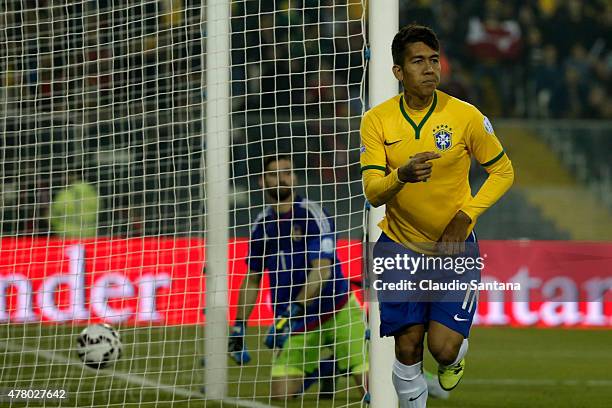 Roberto Firmino of Brazil celebrates after scoring the second goal of his team during the 2015 Copa America Chile Group C match between Brazil and...