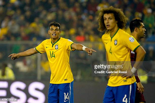 Thiago Silva of Brazil signals during the 2015 Copa America Chile Group C match between Brazil and Venezuela at Monumental David Arellano Stadium on...