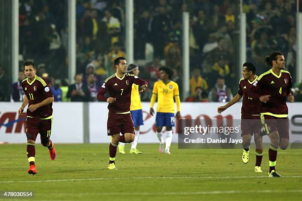 Nicolas Fedor of Venezuela celebrates after scoring the first goal of his team during the 2015 Copa America Chile Group C match between Brazil and...