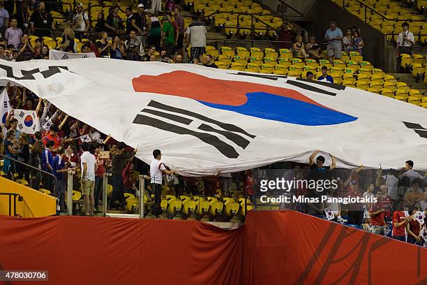Korea Republic fans bring out a giant flag during the 2015 FIFA Women's World Cup Round of 16 match against France at Olympic Stadium on June 21,...
