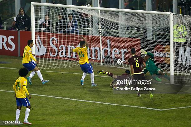 Nicolas Fedor of Venezuela scores the first goal of his team during the 2015 Copa America Chile Group C match between Brazil and Venezuela at...