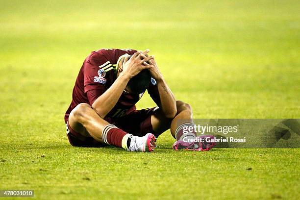 Roberto Rosales of Venezuela looks dejected after the 2015 Copa America Chile Group C match between Brazil and Venezuela at Monumental David Arellano...