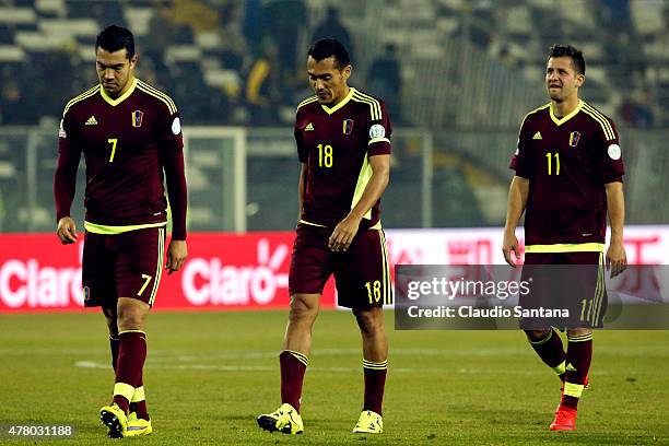 Nicolas Fedor, Juan Arango and Cesar Gonzalez of Venezuela look dejected after the 2015 Copa America Chile Group C match between Brazil and Venezuela...