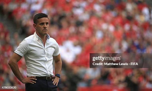 John Herdman of Canada gives out instructions during the FIFA Women's World Cup 2015 Round of 16 match between Canada and Switzerland at BC Place...