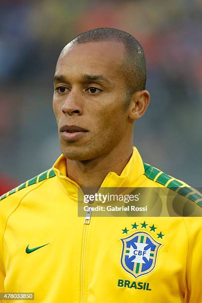 Miranda of Brazil looks on during the national anthem ceremony prior the 2015 Copa America Chile Group C match between Brazil and Venezuela at...