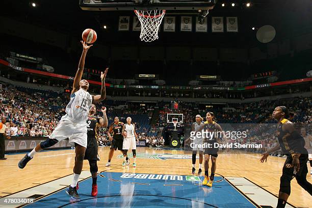 Asjha Jones of the Minnesota Lynx goes for the layup against the Tulsa Shock during the game at Target Center on June 22, 2015 in Minneapolis,...