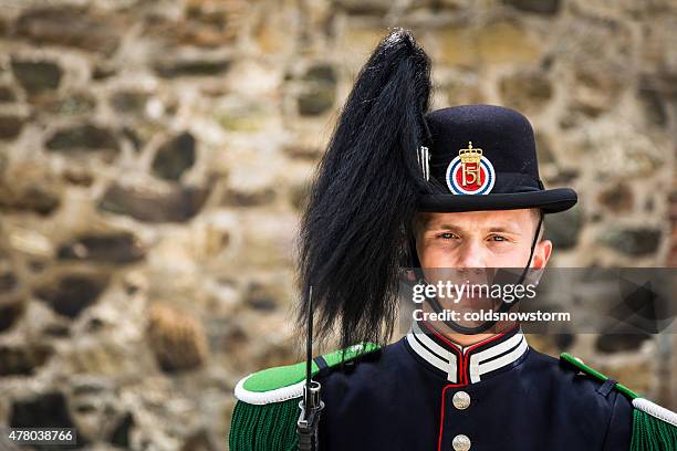 soldier of the norwegian royal guard at akershus fortress, oslo - akershus festning stock pictures, royalty-free photos & images